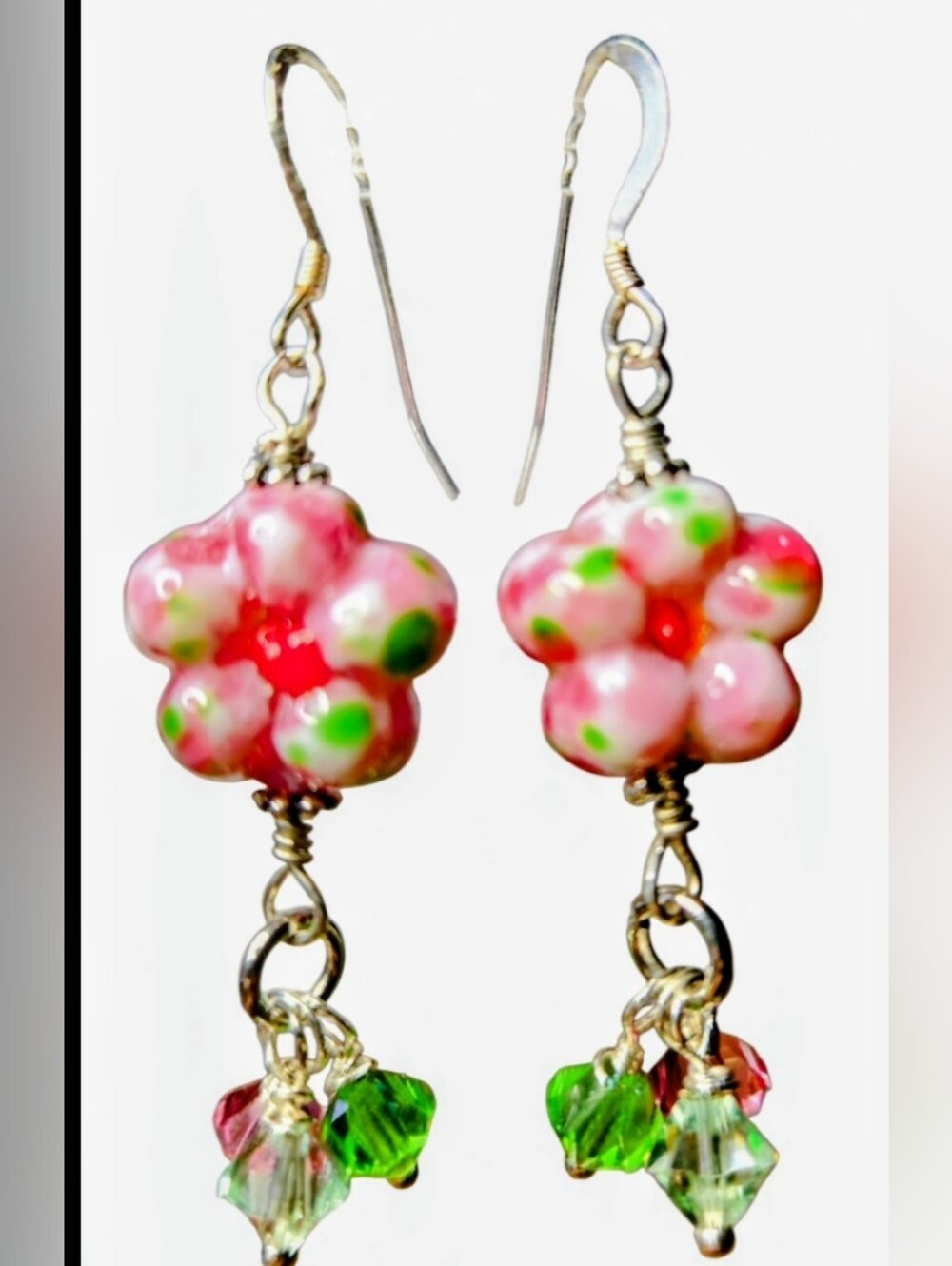 Handmade Pink/Green Floral Bead Dangle Earrings